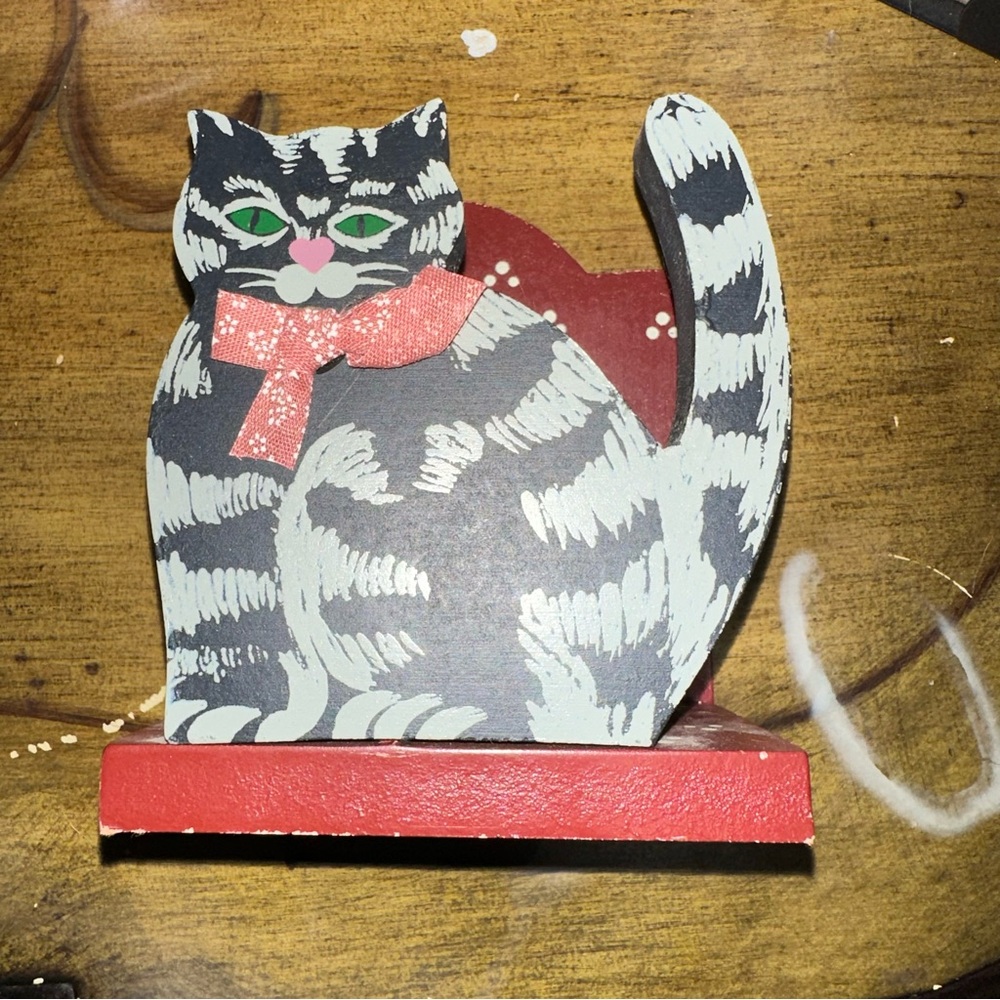 RARE Vintage Wooden Gray Cat Kitty Napkin Mail Holder Unique Cat Lover HTF